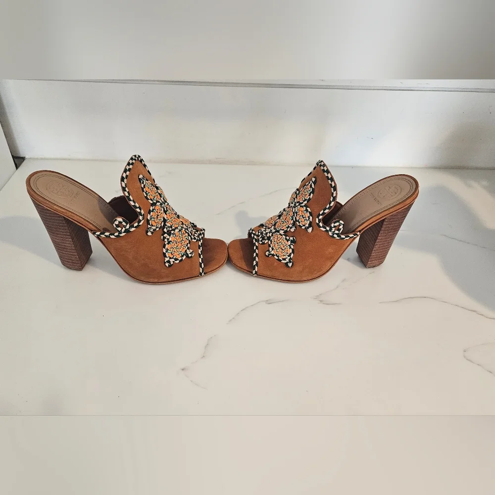 Tory Burch Palisade Embroidered Brown Mule Heels - Picture 2 of 9